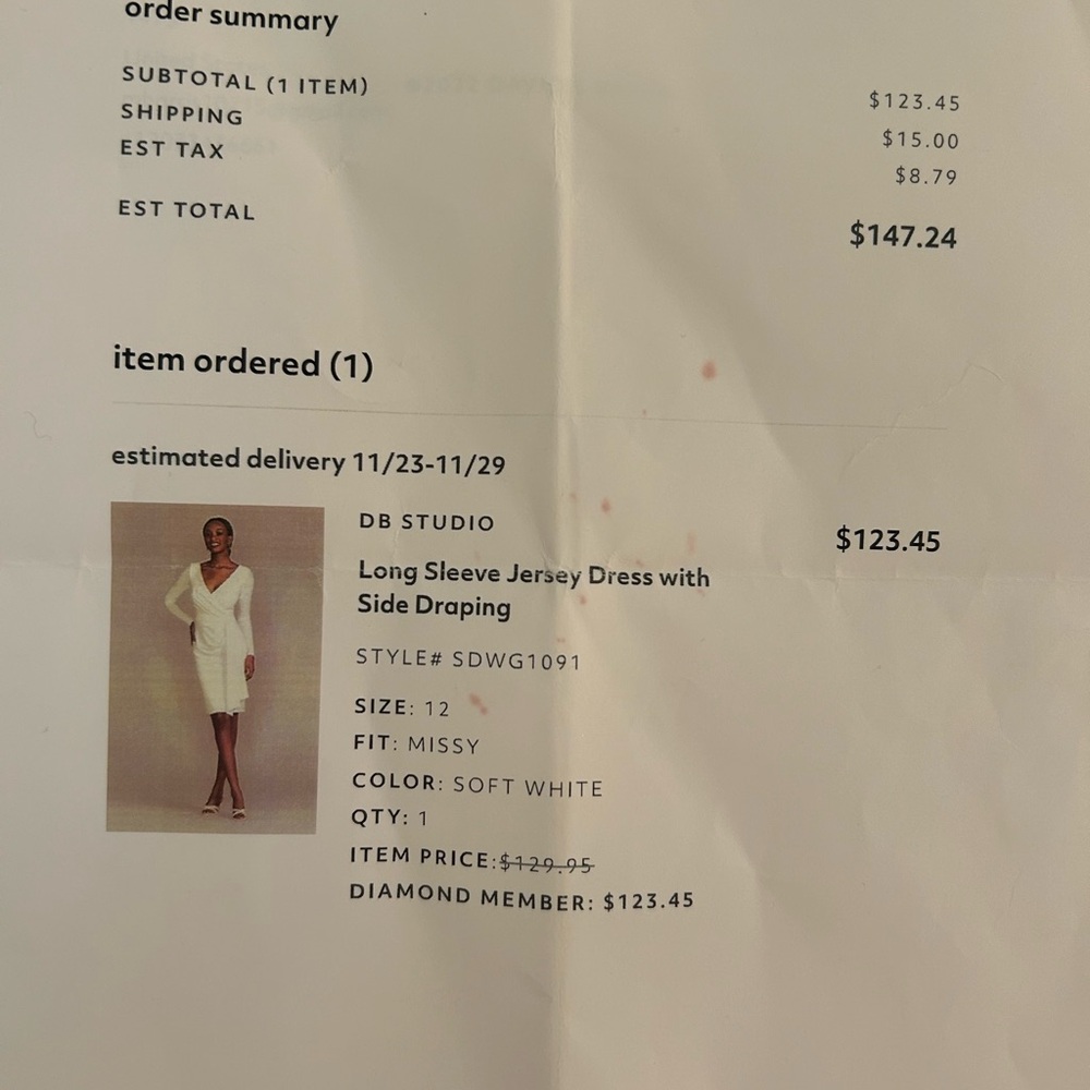 Long sleeve white jersey dress with side draping. NWT Size 12. - Picture 6 of 6
